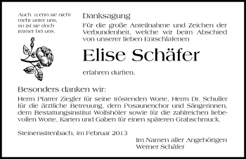 Traueranzeige von Elise Schäfer von Hersbrucker Zeitung